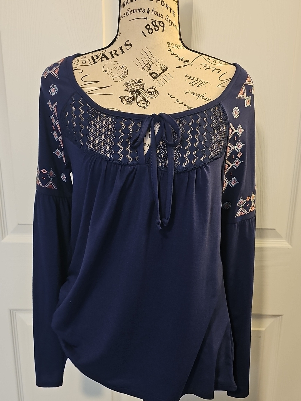 Self Esteem Navy Lace-Yoke Long Sleeve Top with Embroidered Sleeves